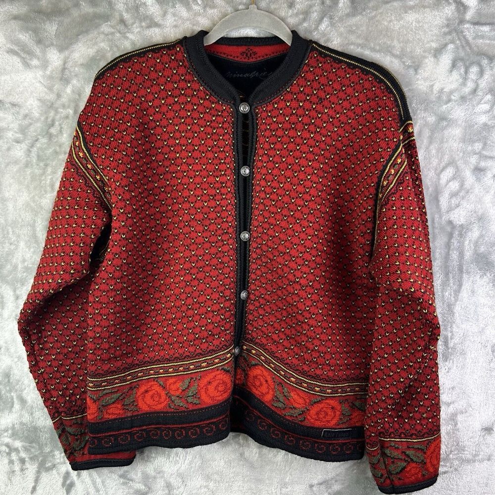 Vintage Dale of Norway Wool Cardigan Large Nordic Rose Grannycore Festive Floral
